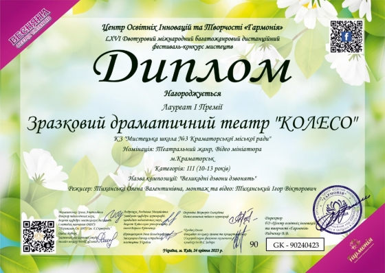Юні театрали Мистецької школи №3 перемогли у міжнародному конкурсі «Весняна феєрія талантів»