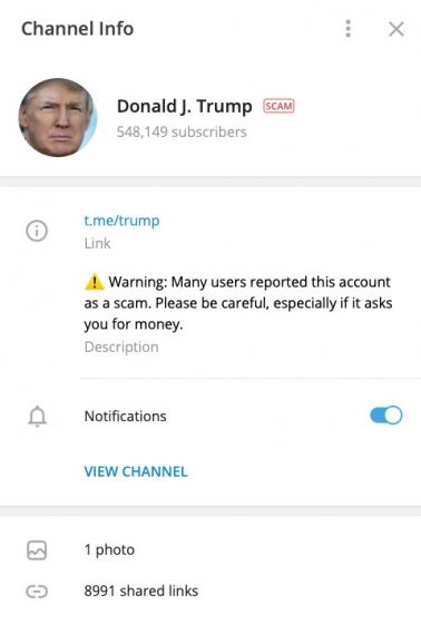 Telegram обозначил канал Трампа как мошеннический 