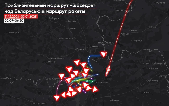 Ракета і щонайменше 25 &quot;Шахедів&quot; залітали до Білорусі за останні 4 дні, - &quot;Беларускі Гаюн&quot;