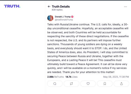 Трамп заявив, що США вимагають 30-денного перемир’я і пригрозив санкціями за його порушення