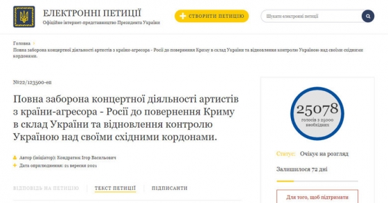 Петиция Кондратюка о запрете концертов российских артистов набрала необходимые для реакции Зеленского 25 тыс. подписей
