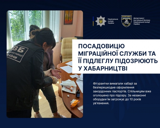 На Харківщині дві співробітниці міграційної служби вимагали хабар за безперешкодне виготовлення закордонного паспорта, - Нацполіція
