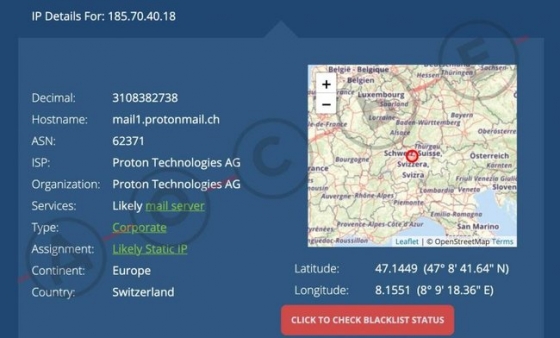 совпадать с адресом сервера Protonmail в Швейцарии