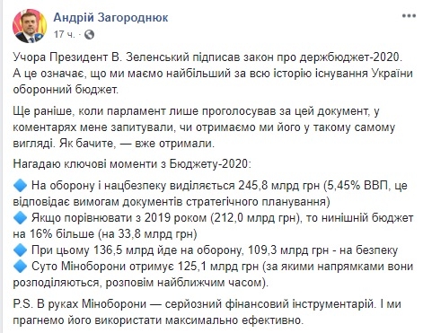 В 2020 году армия получит крупнейший в истории Украины оборонный бюджет - 245,8 млрд, - Загороднюк (инфографика)