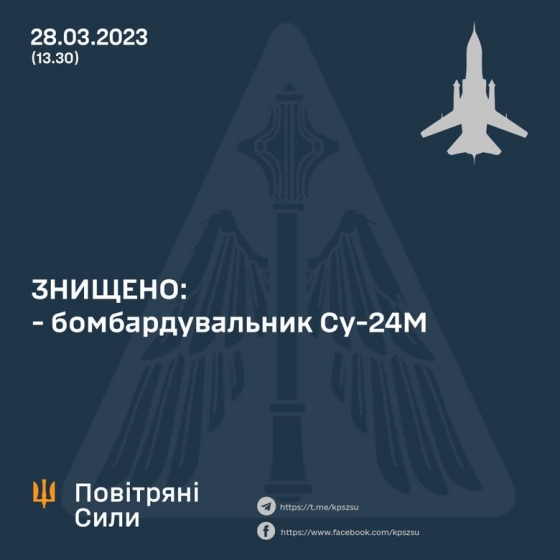 Російський бомбардувальник Су-24М збили під Бахмутом 