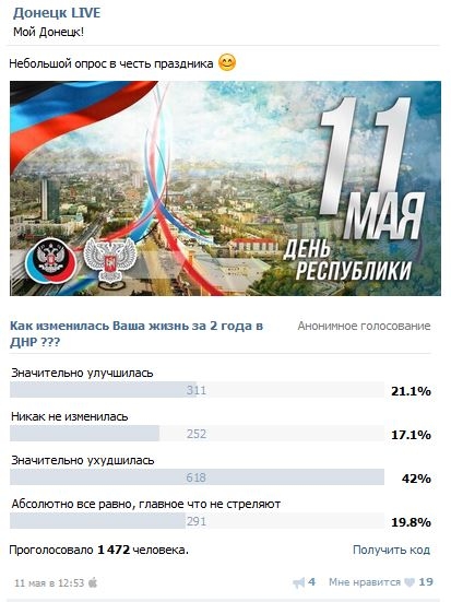 Опрос в донецкой сепаратистской группе: Поcле оккупации жизнь значительно ухудшилась 